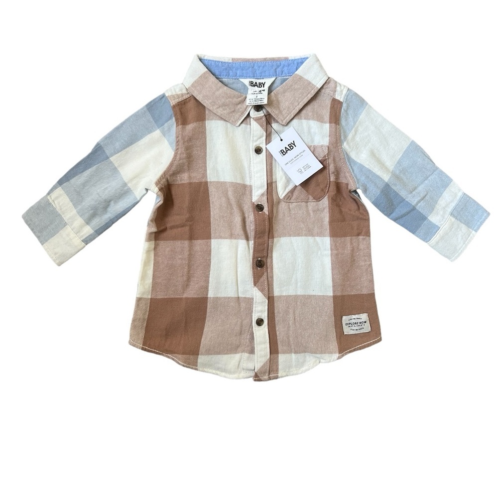 Cotton On Kids Boys Blue and Brown Plaid Flannel Button Down Shirt | 18-24 M